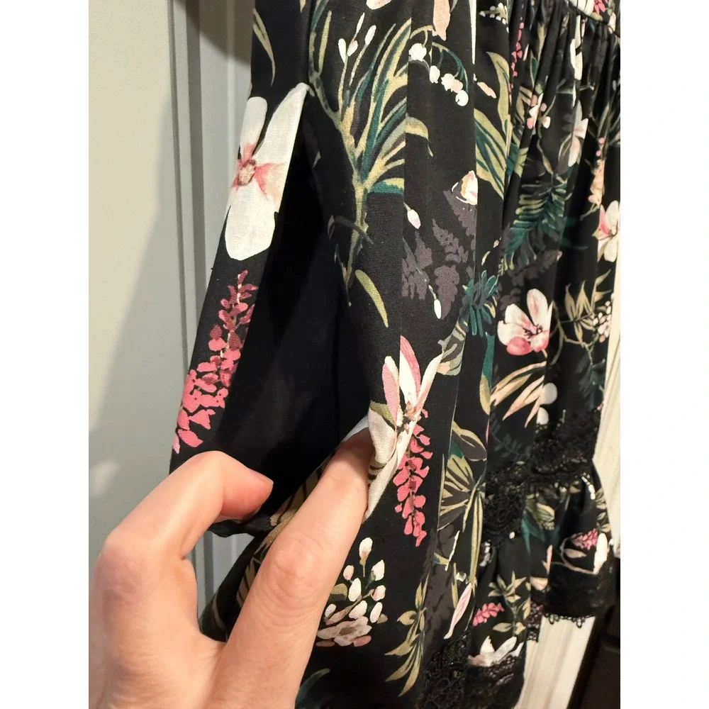 Kate Spade Floral Lace Trim Shirt Dress Black Botanical Short Sleeve Mini Size 4